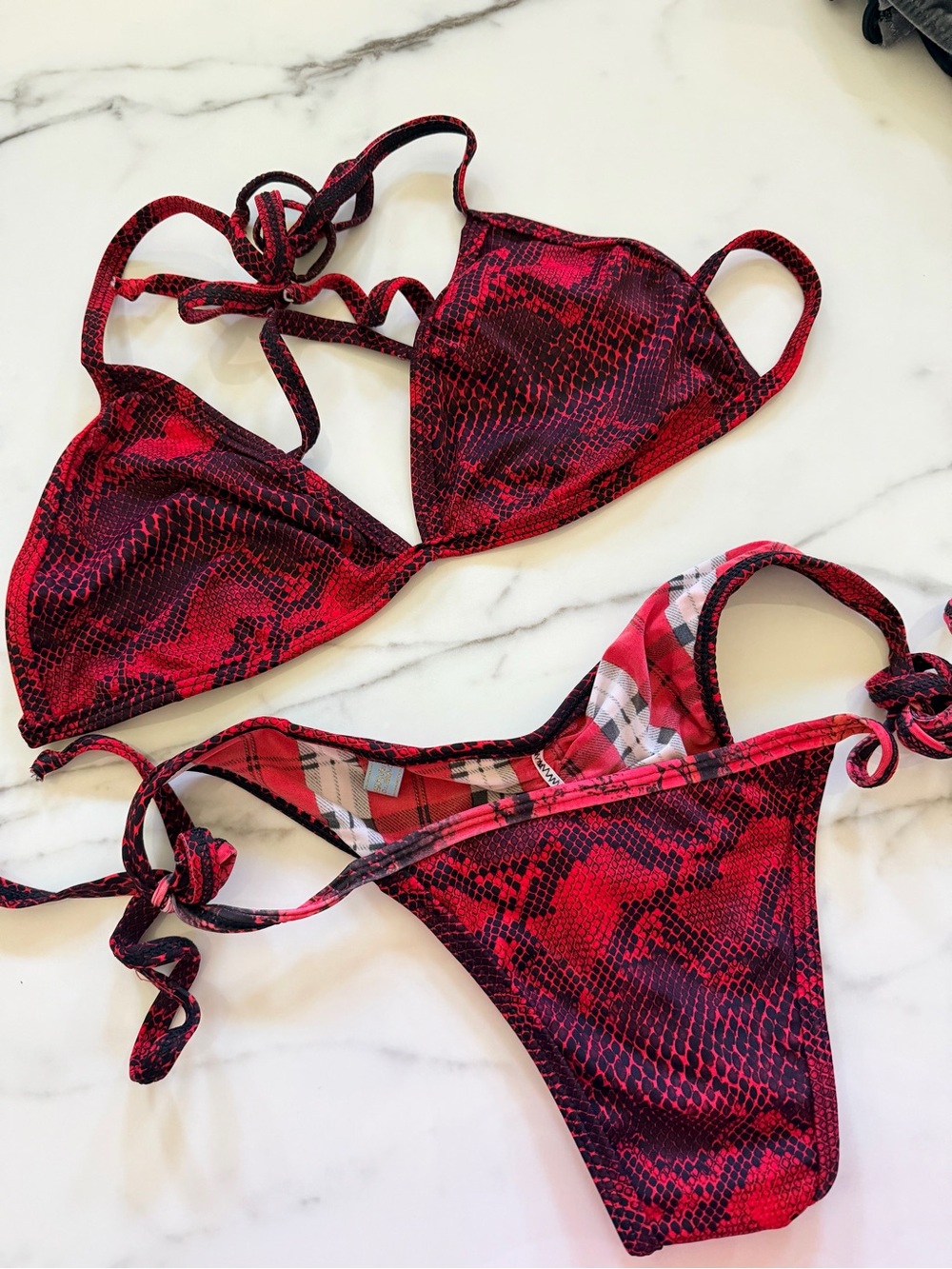 Ravish Sands Custom-Red Snake-Print Tie Bikini Set - 36D/M-L